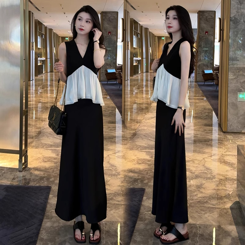 时尚套装裙女2025夏季新款显瘦拼接撞色V领无袖上衣半身裙两件套