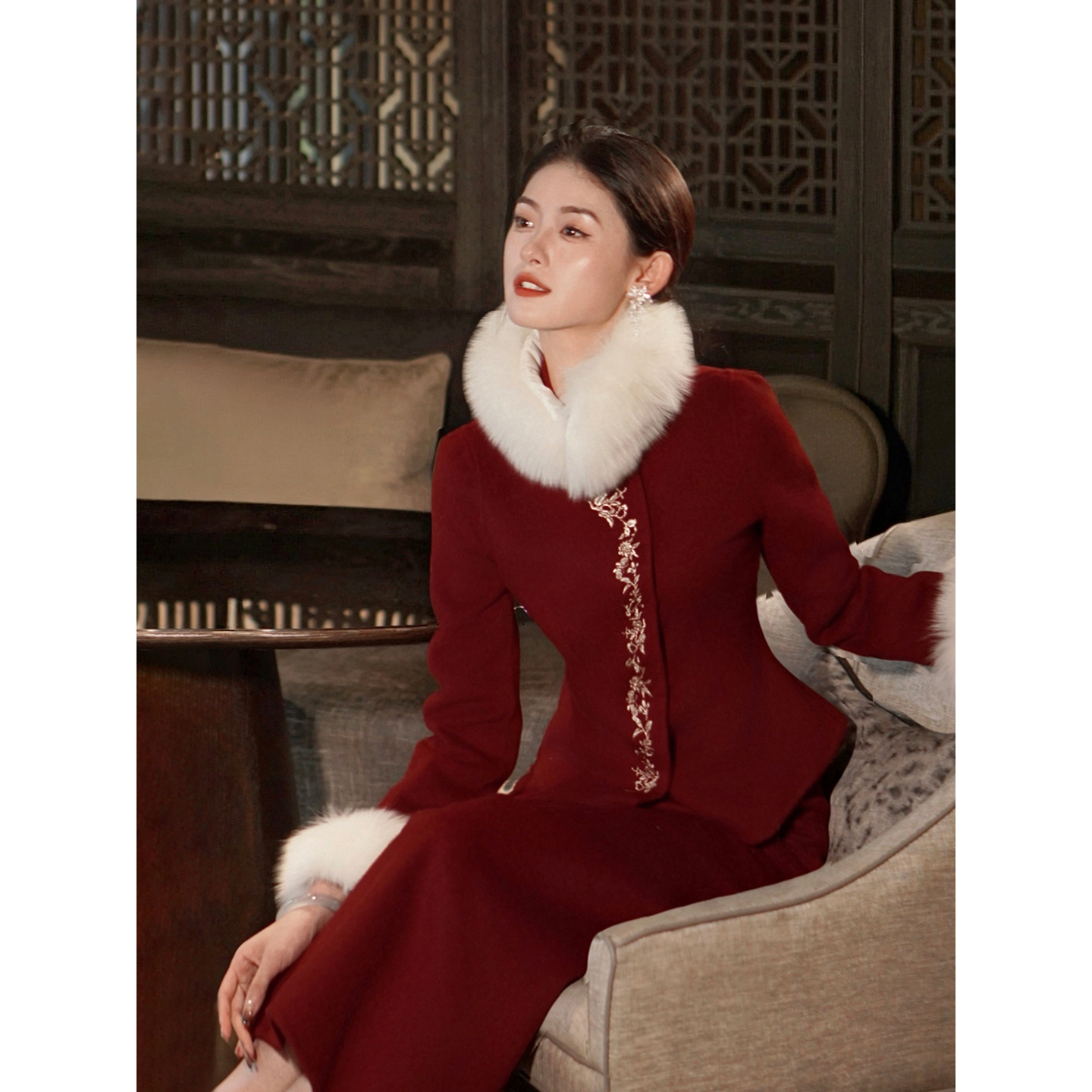 凌茜恣禾【喜鹊】国风新中式修身收腰显瘦高级感气质大气旗袍毛领