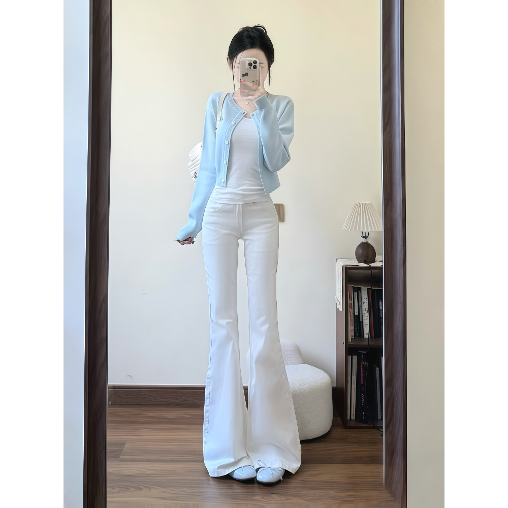 韩系搭配一整套秋季气质套装背心上衣针织开衫喇叭牛仔裤三件套