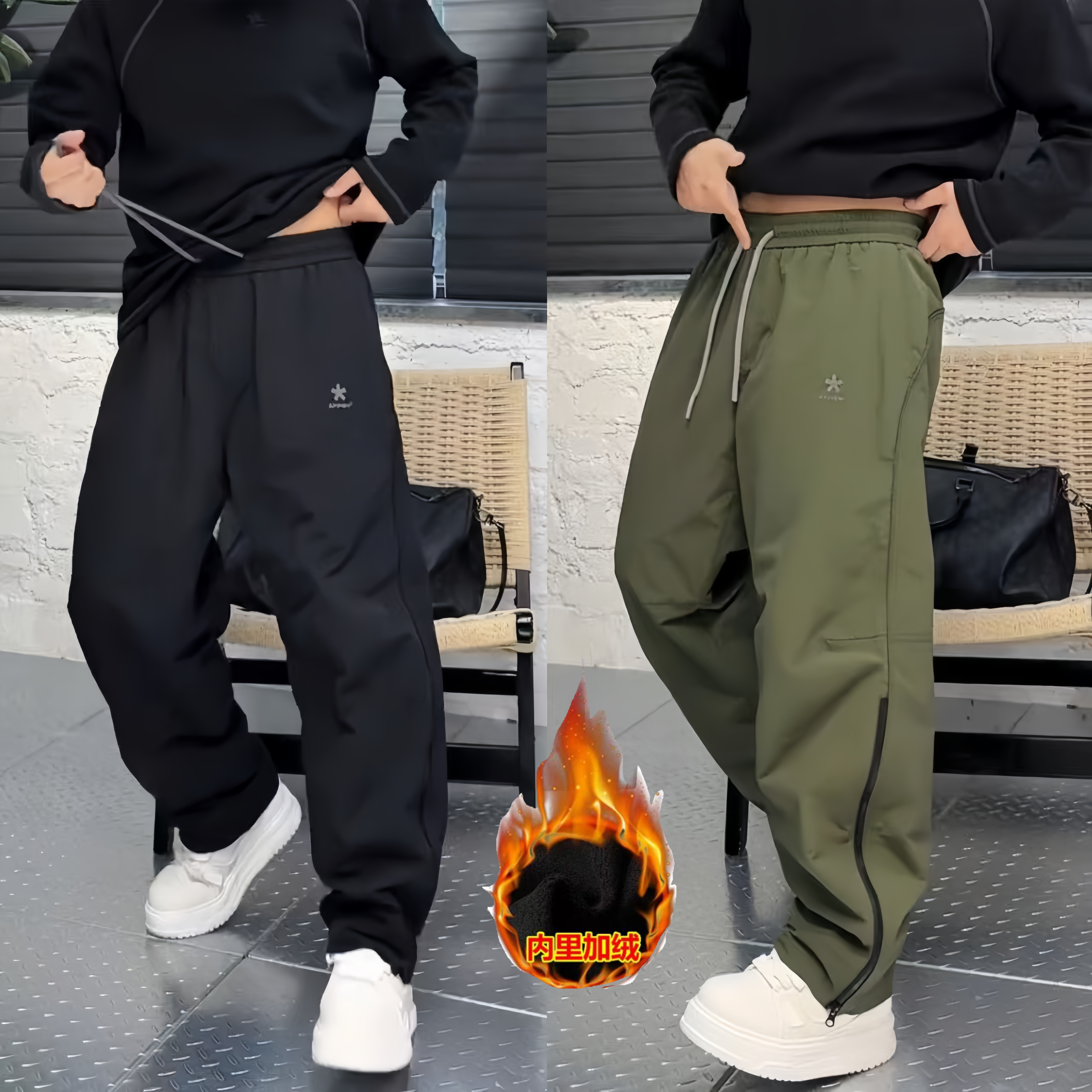 新款男装双层裤摇粒绒保暖防风裤冬季加绒加厚工装户外休闲长裤