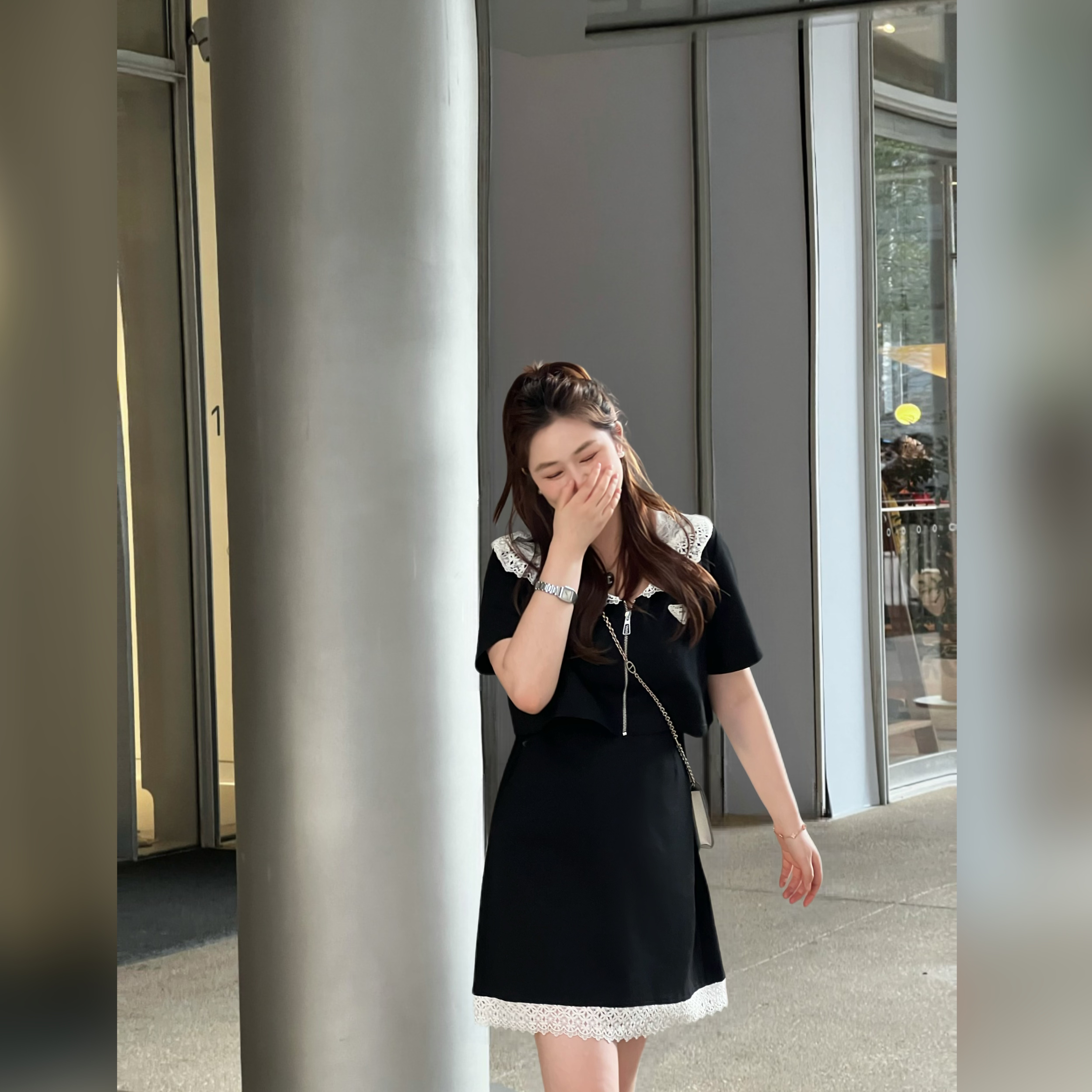 楠序微胖女装 假两件蕾丝边黑色连衣裙夏季轻奢高级感裙子YZ36029