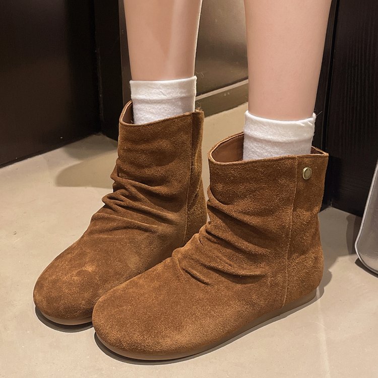 欧洲站2025秋磨砂皮英伦风堆堆靴复古短靴切尔西舒适百搭马丁靴女