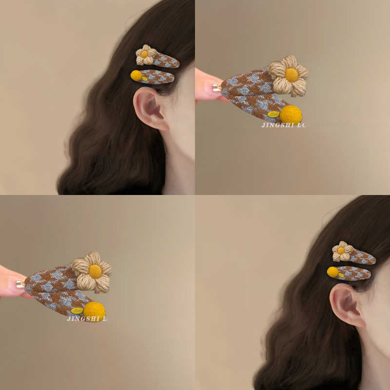 韩国秋冬新款毛线花朵侧边发夹女高级感刘海夹前额碎发bb夹头饰