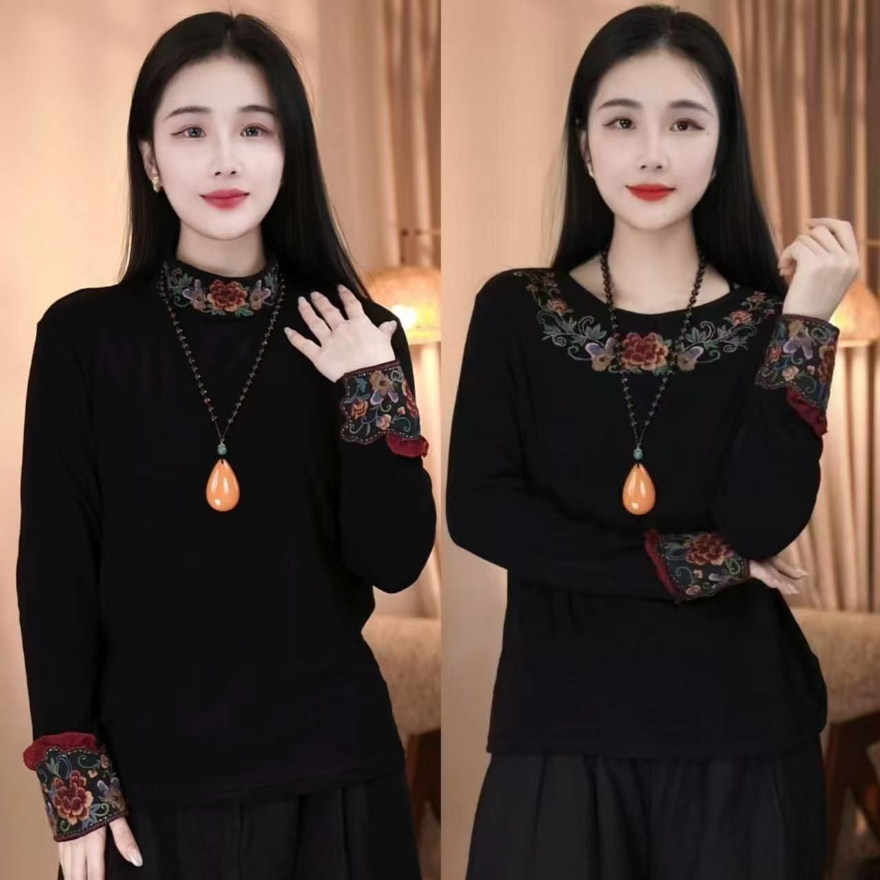 引卷  秋季新款中国风套头文艺民族风刺绣打底衫