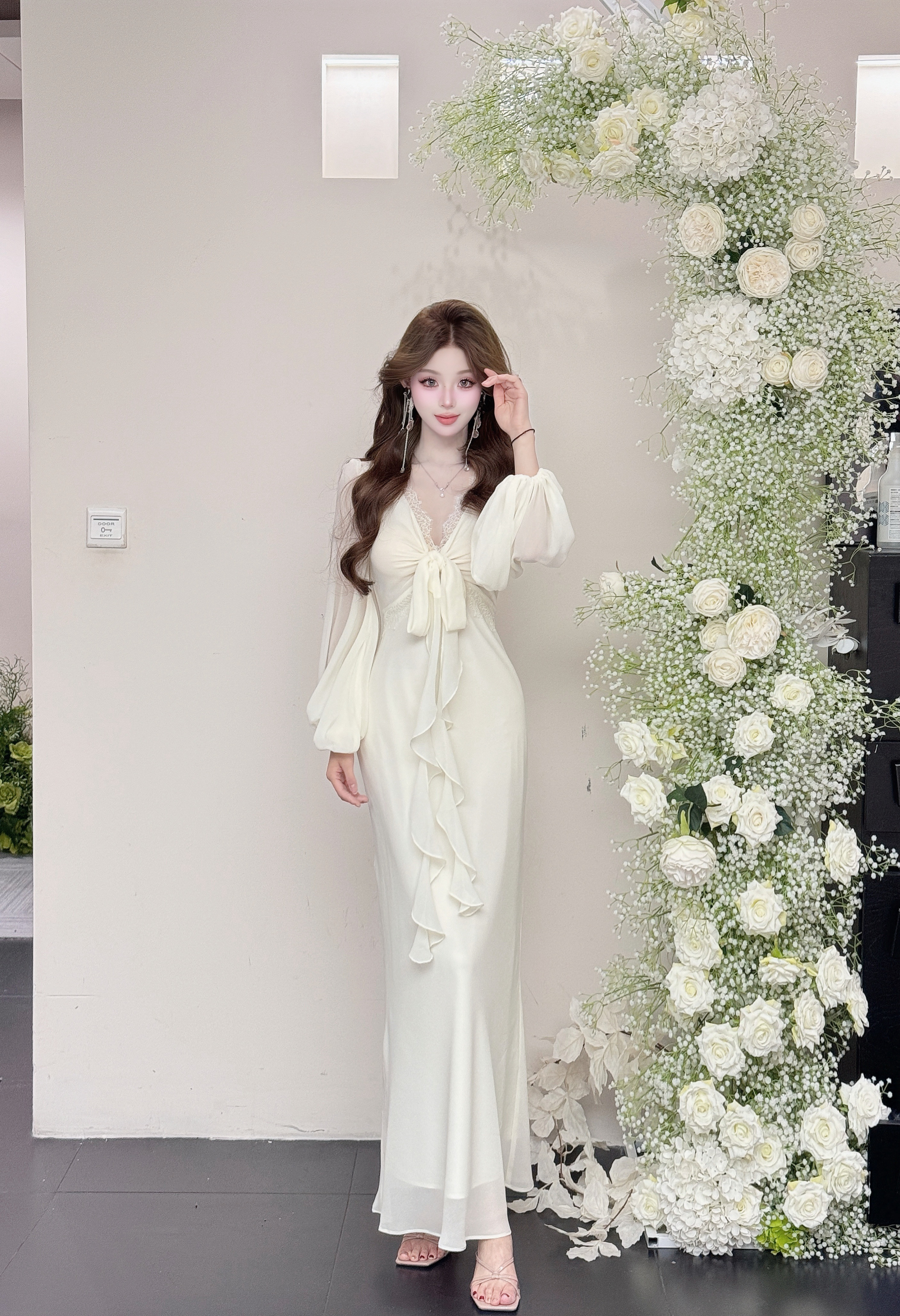 【精选优品】法式中长裙长裙套头高腰连衣裙长袖设计师251164