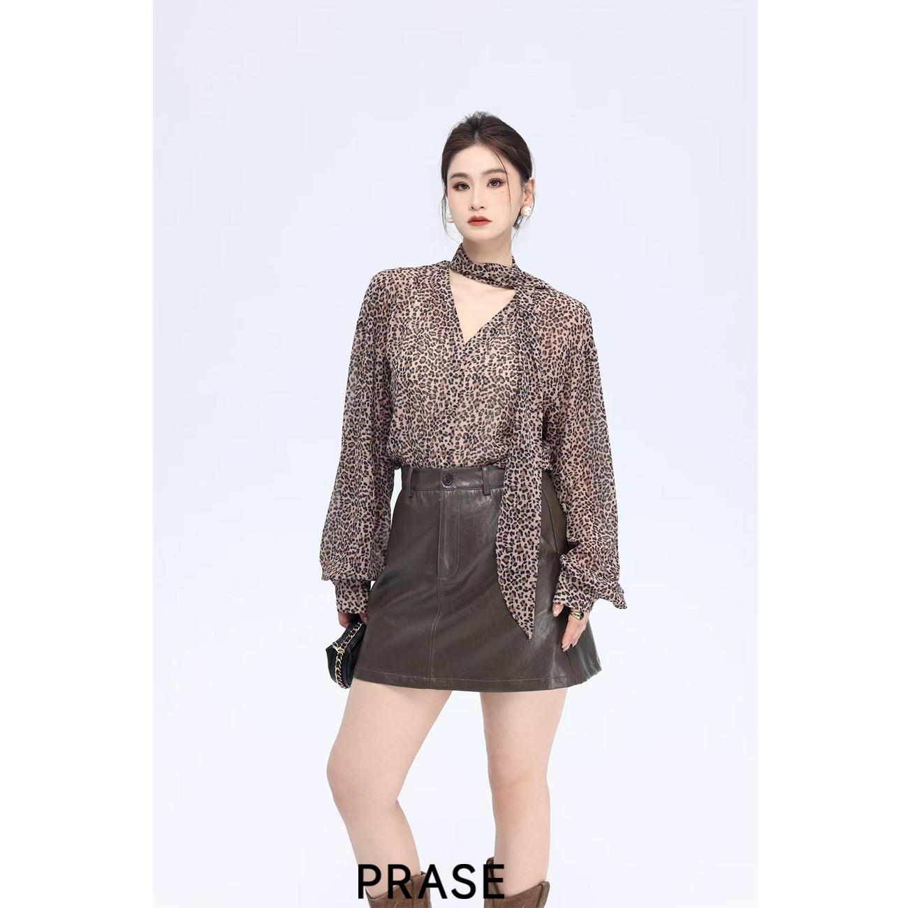 PRASE·噜【豹纹衬衫】微胖轻奢设计款秋女时尚飘带长袖衬衫PR507B32
