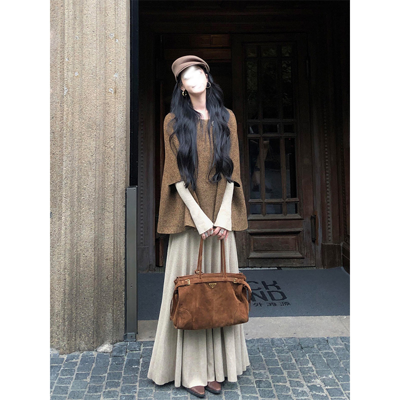 parkyeon秋冬新款韩系斗篷披肩外套上衣叠穿软糯针织连衣裙套装