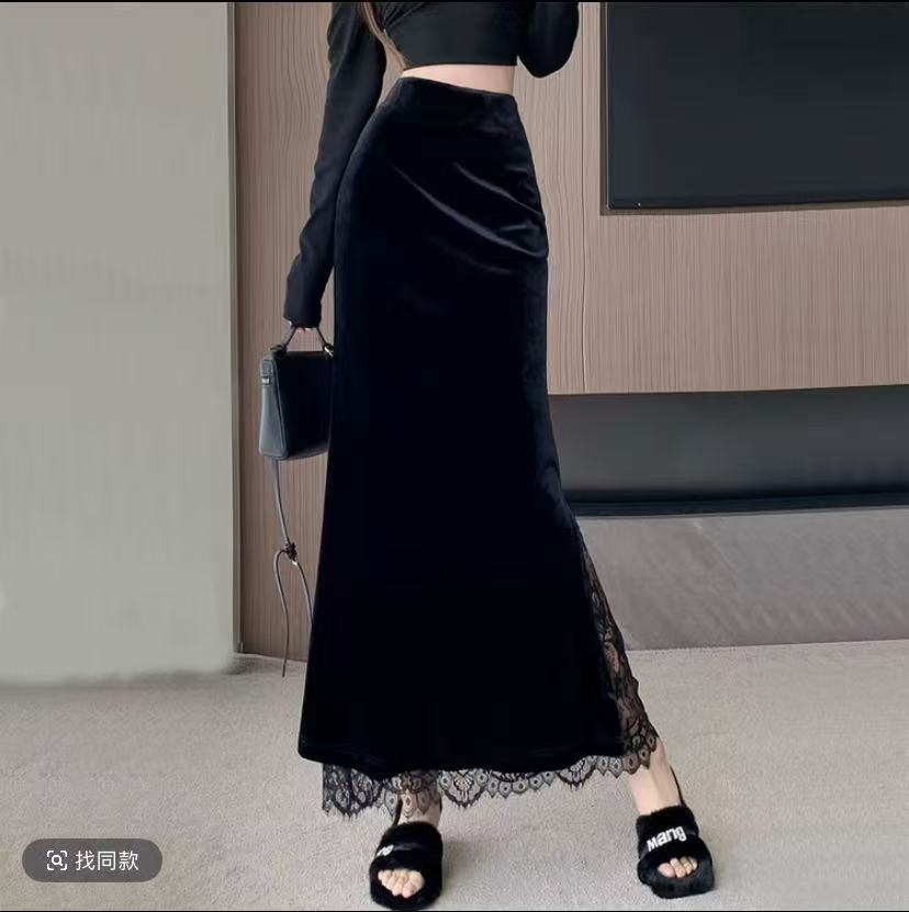 黑色金丝绒半身裙女春秋高腰开叉包臀裙复古显瘦设计感中长鱼尾裙
