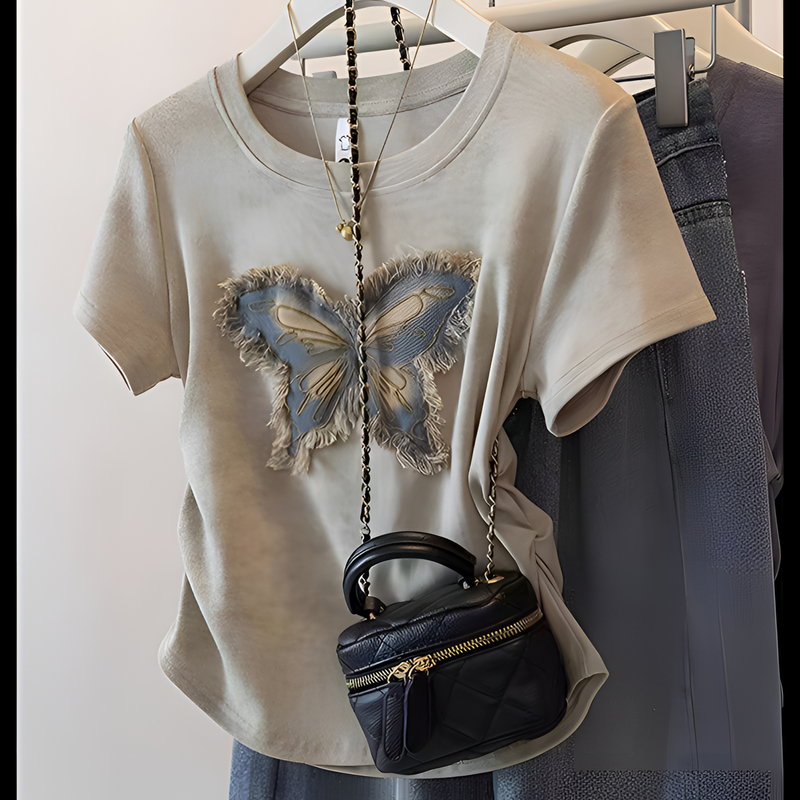 短袖T恤女夏季新款120-220斤大码胖mm宽松显瘦扎染百搭蝴蝶上衣