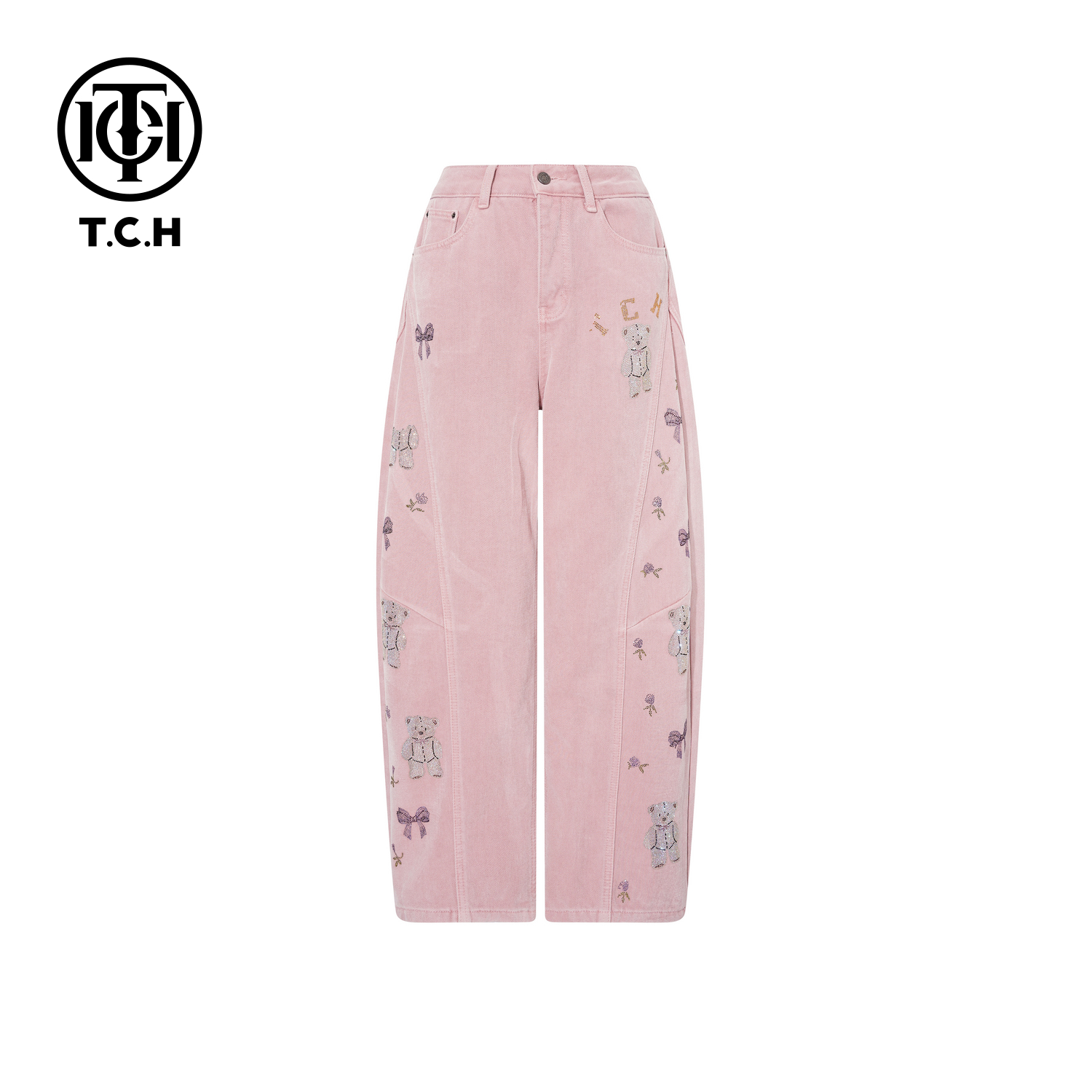 TCH私服秋冬慵懒风烫钻时尚淑女粉色牛仔裤T75D20E1020轻奢tch