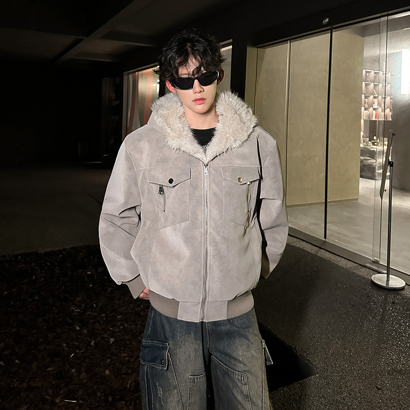 冬季加厚加绒美式座山雕毛领棉服男款保暖防寒宽松高级感棉衣外套