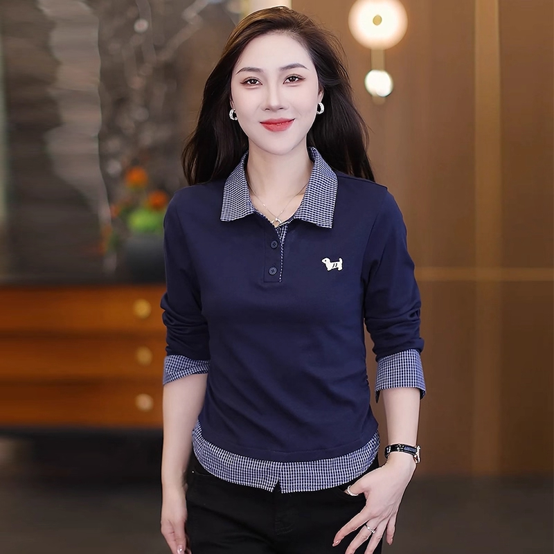 洋气假两件格子拼接长袖polo衫女2025春秋季新款显瘦休闲t恤上衣