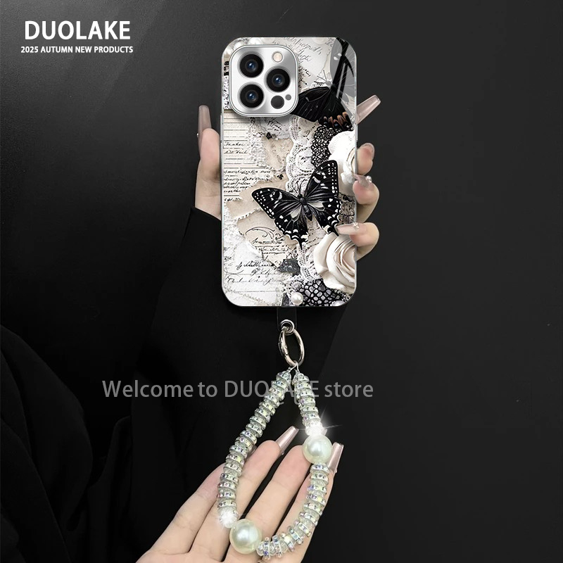 适用于苹果/oppo/华为/vivo/小米蕾丝蝴蝶电镀玻璃手链防摔手机壳