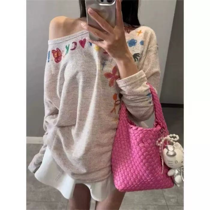 【Amy家】微胖mm纯欲辣妹印花斜肩长袖T恤女设计感抽绳罩衫显瘦上衣