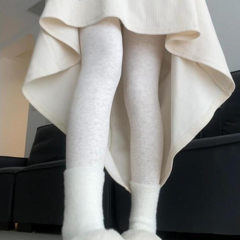 燕麦白色打底裤女秋冬外穿加绒加厚保暖棉裤竖条纹日系紧身连裤袜