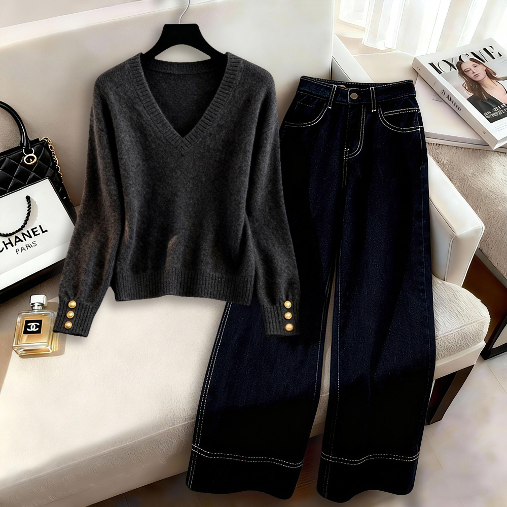 法式气质时尚一整套装穿搭女装秋冬款显瘦V领上衣百搭直筒裤爆款