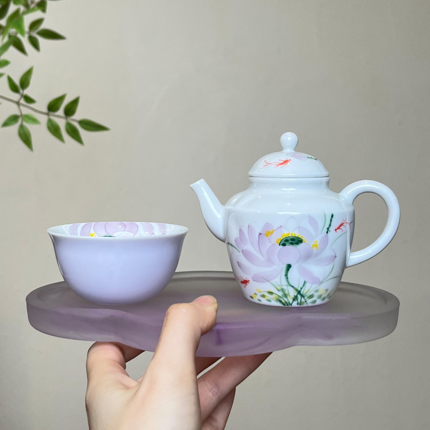 画续手绘紫荷花茶壶一壶一杯一人饮家用陶瓷功夫茶具套装釉下彩