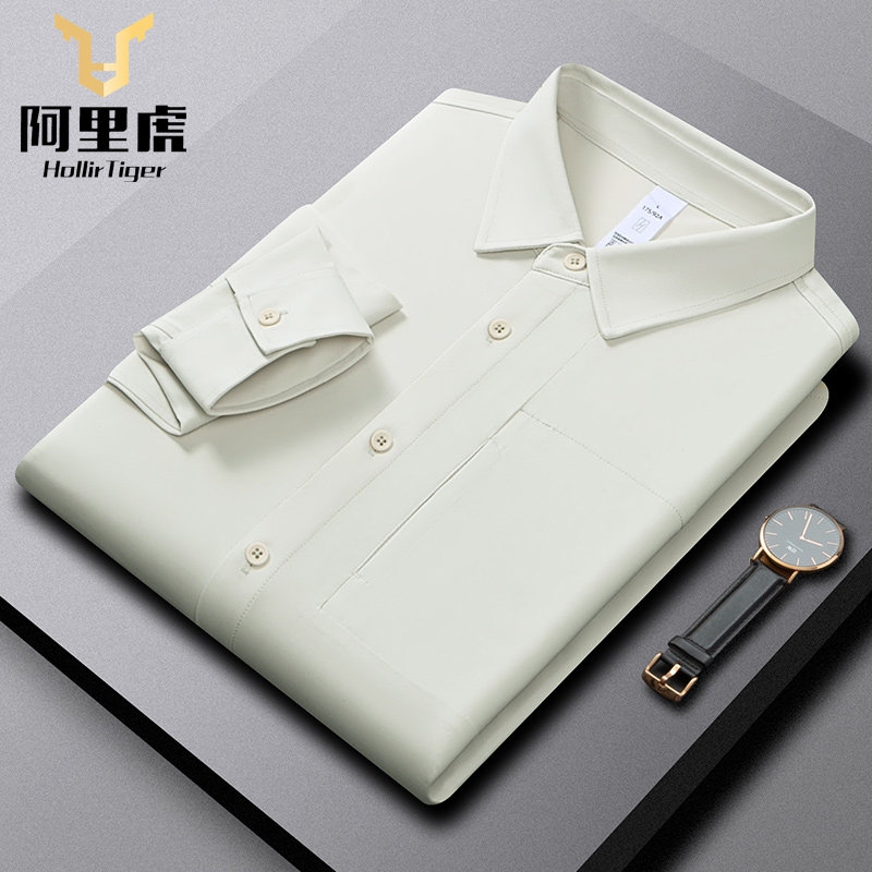 秋冬季柔软亲肤免烫衬衣高档商务休闲纯色翻领长袖打底衬衫白色男