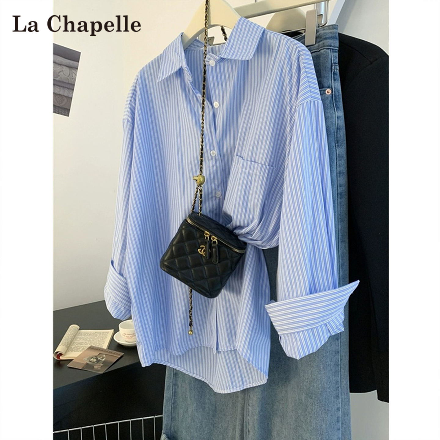拉夏贝尔蓝色条纹长袖衬衫女春秋2025新款气质POLO翎正肩休闲上衣