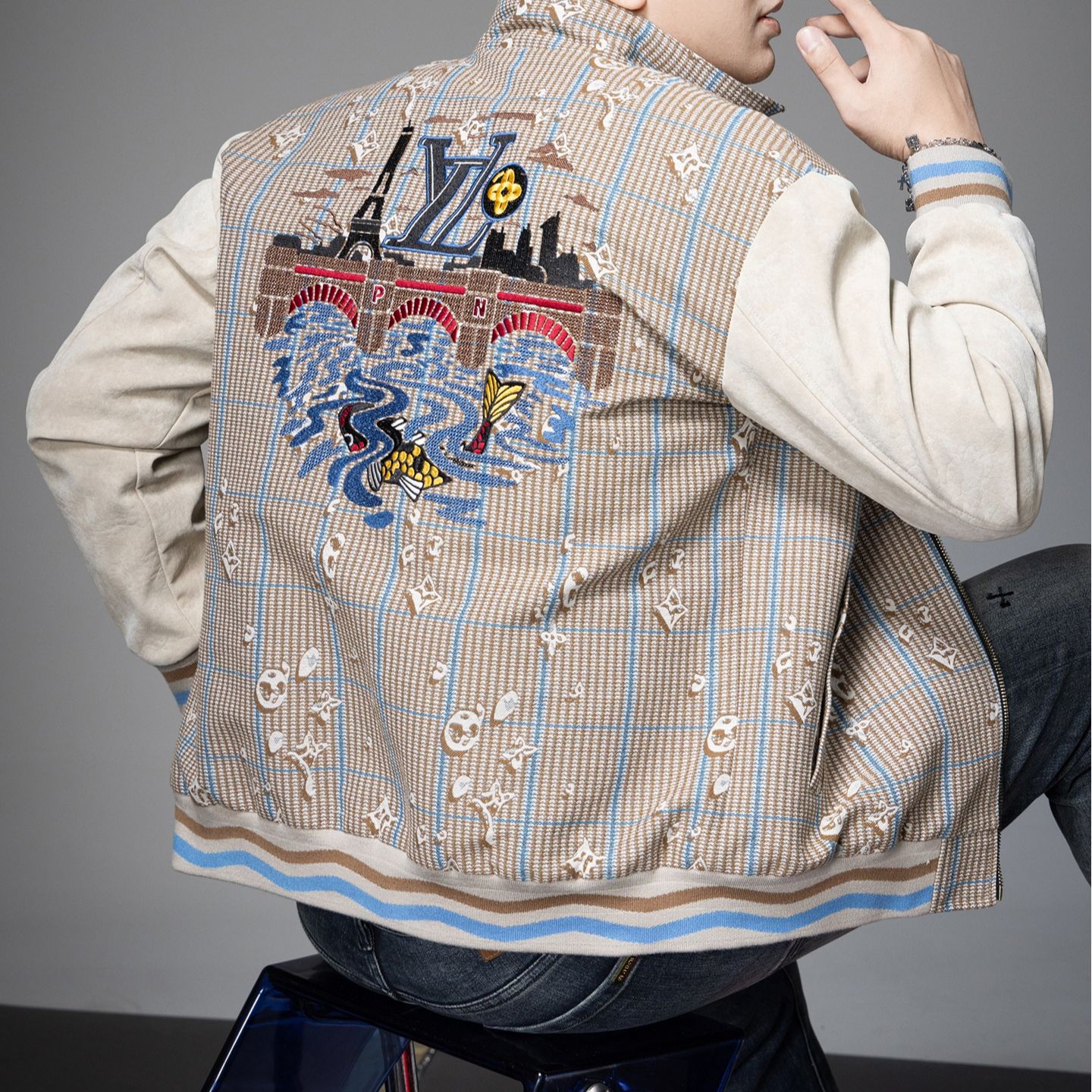 HAESONMENEAT哈逊梅奈男士外套欧货拼接刺绣秋冬季潮流休闲夹克