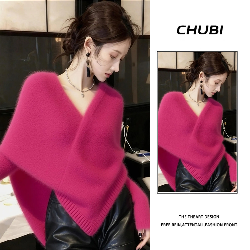 玫红色不规则针织毛衣时尚设计感皮短裤两件套女2025新款韩系穿搭