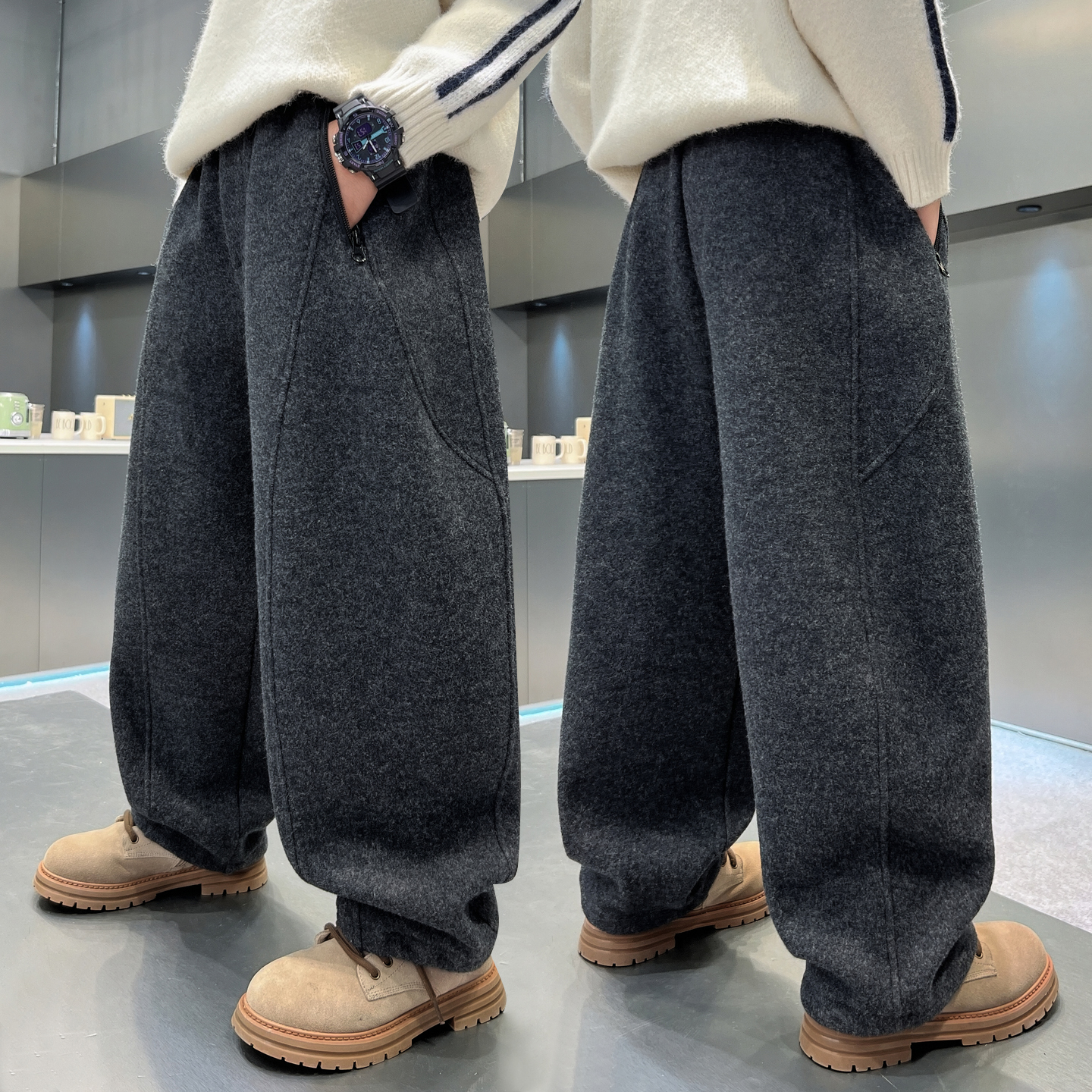 男童加绒裤子秋冬休闲裤一体绒2025新款大儿童毛呢长裤加厚冬装潮