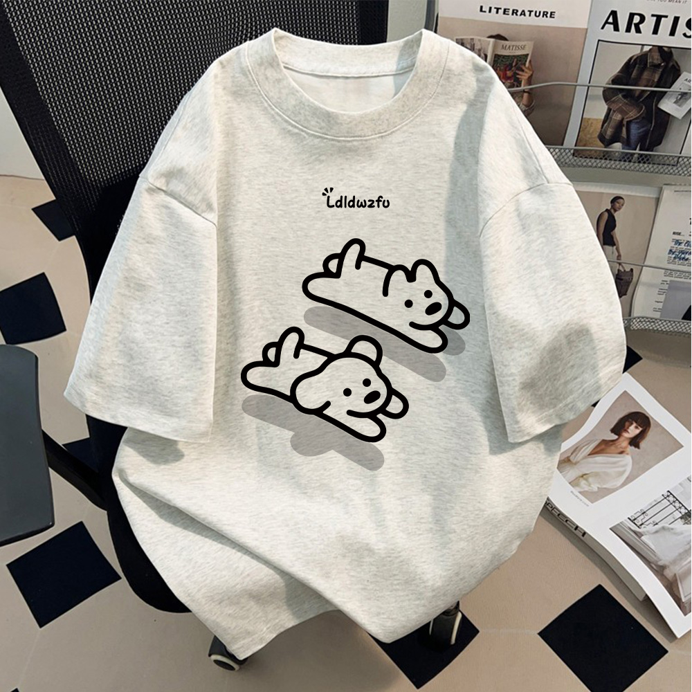 美式国潮奔跑小狗印花男女童纯棉短袖T恤2025新款宽松运动风上衣