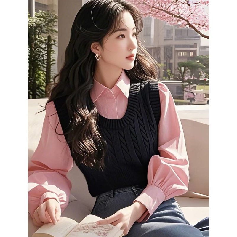 今年流行爆款独特超好看别致设计感宽松粉色衬衫针织背心两件套