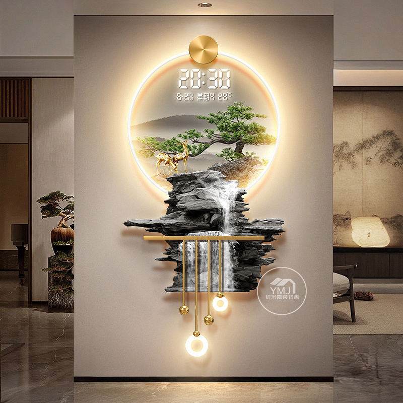 流水生财玄关万年历电子钟2025新款迎客松客厅日历时间显示屏挂画