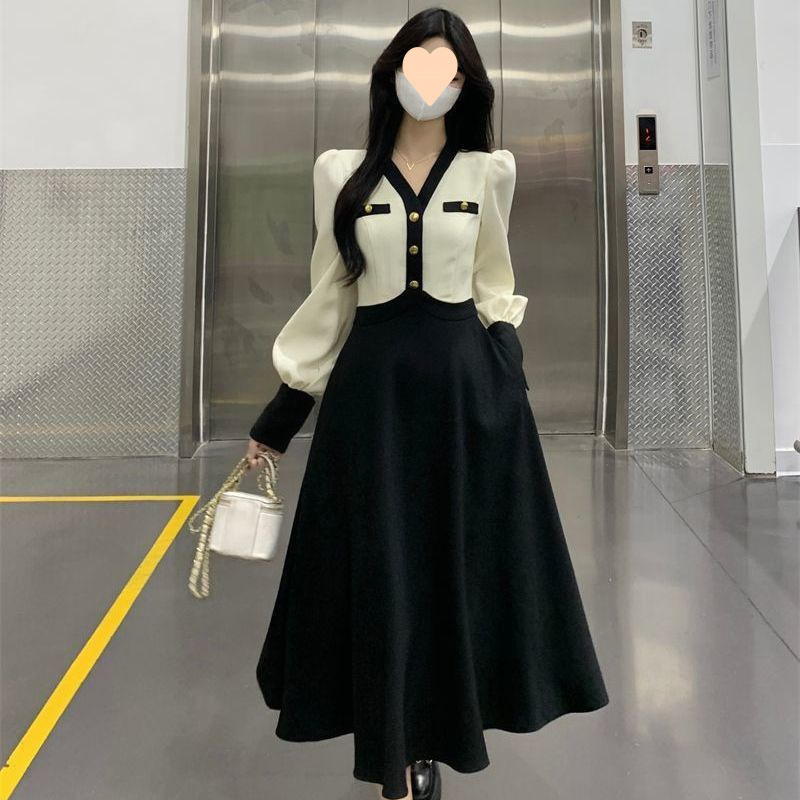 法式连衣裙女秋季新款大码女装高级感胖收腰显瘦赫本风长裙子