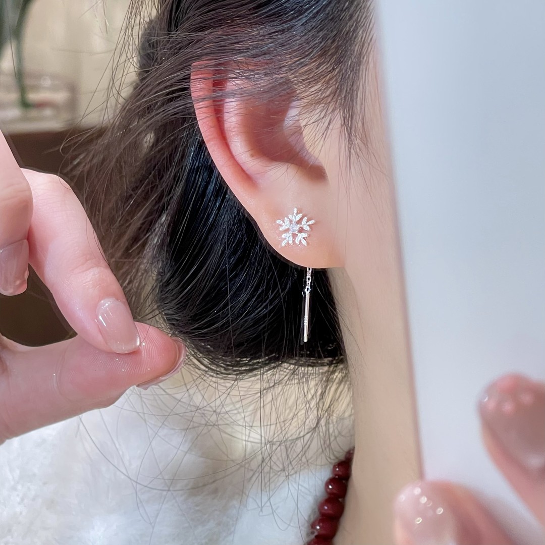 银色镶钻雪花流苏耳线银针耳饰女小众设计感精致百搭气质耳环7654