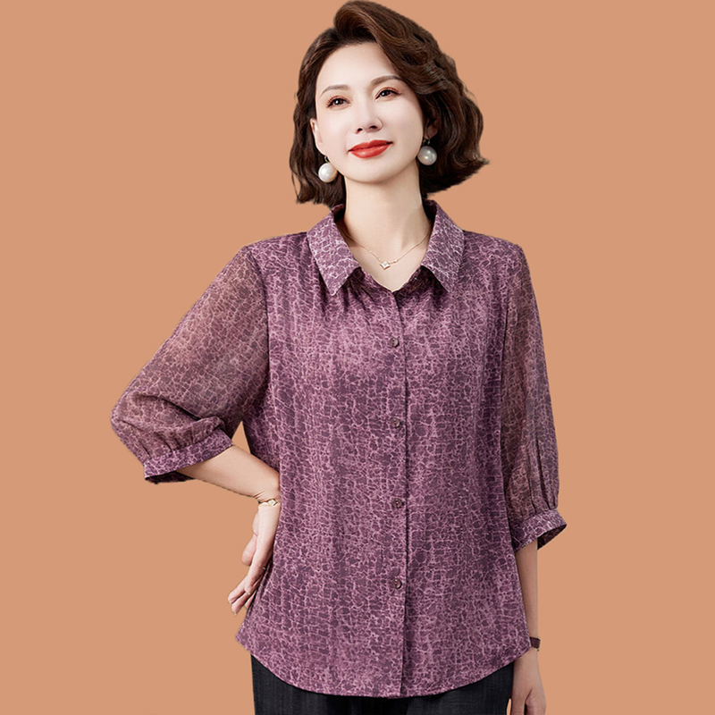 妈妈七分袖薄款衬衫2025新款上衣中老年女春夏装翻领开衫洋气衬衣