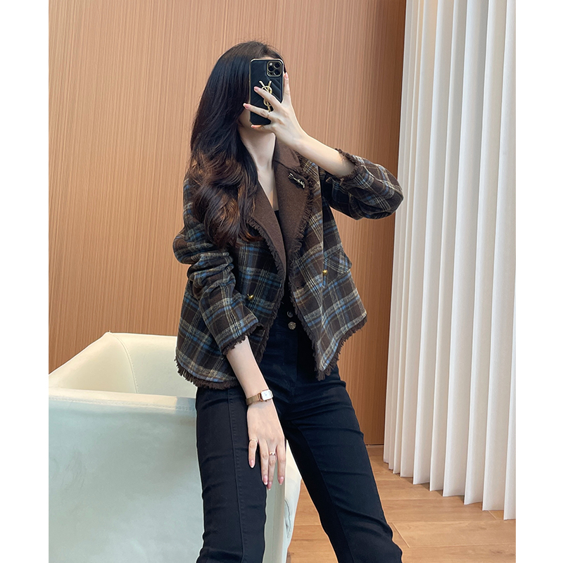 复古双面羊绒大衣女2025新款欧货高端短款小个子格子羊毛毛呢外套
