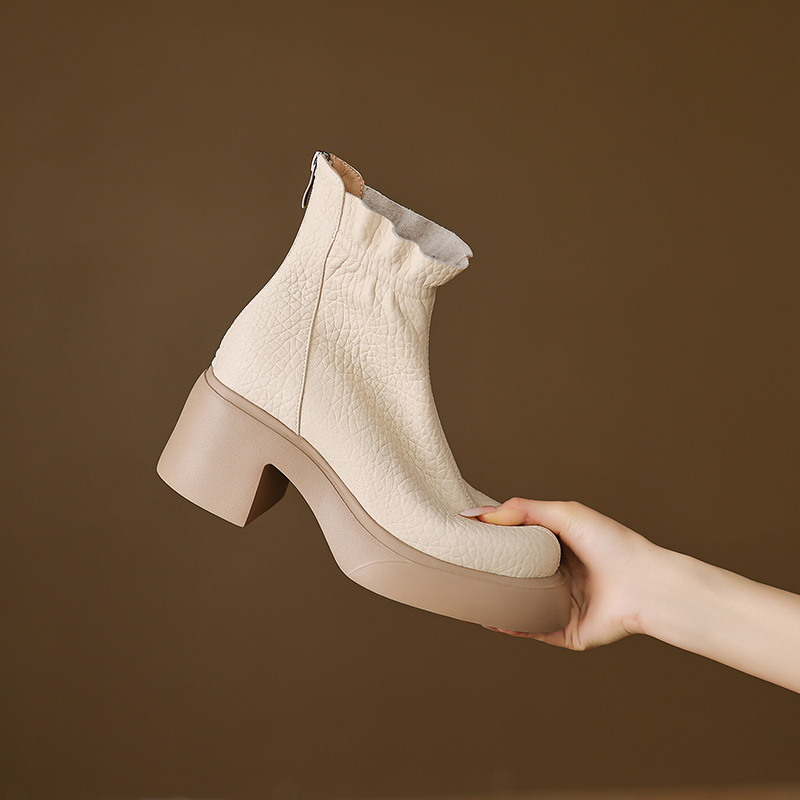 羊皮/8cm/2025新款短靴女时尚百搭真皮粗跟厚底增高跟小个子女鞋