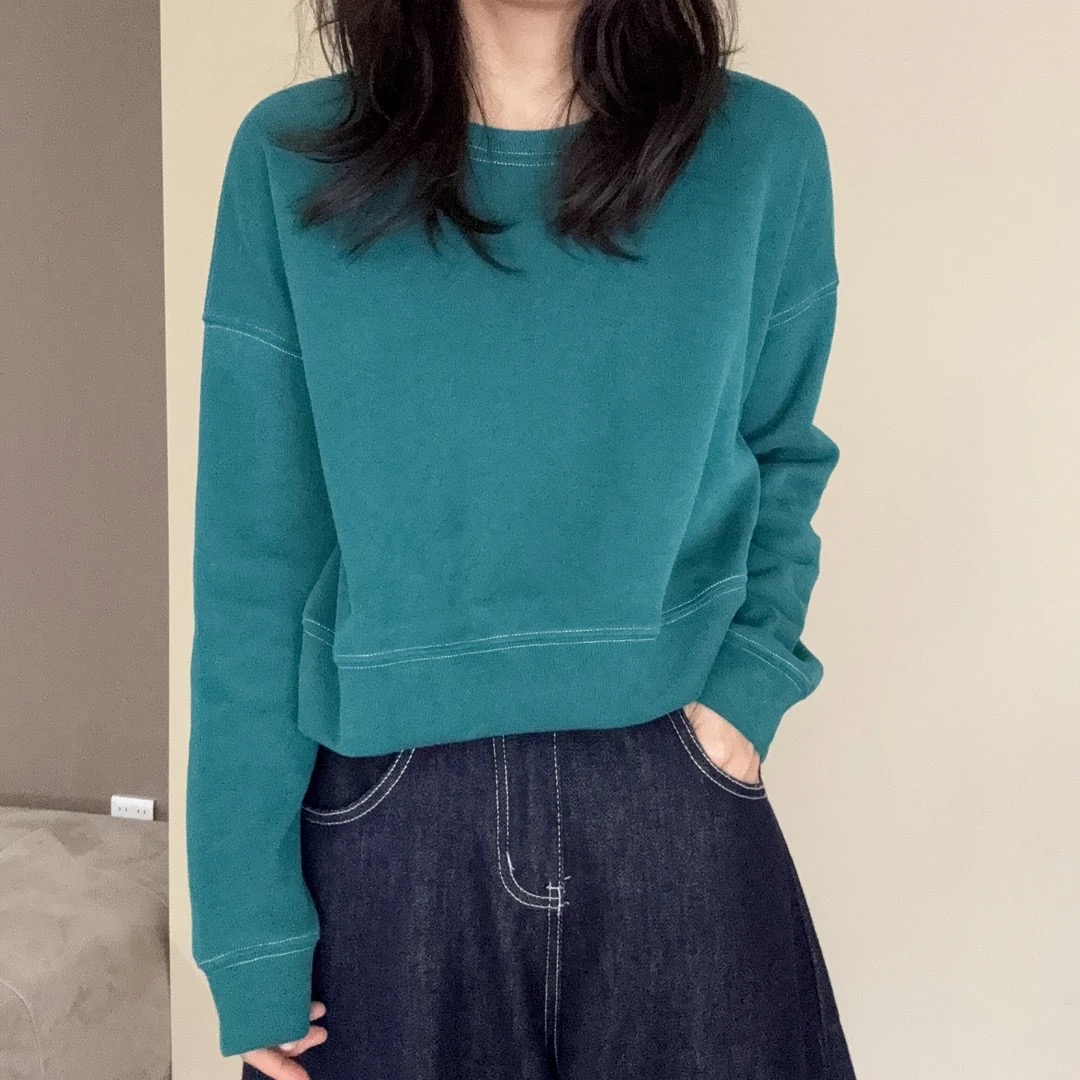 【达人】短款圆领套头长袖休闲风拼接卫衣上衣春秋款-25216