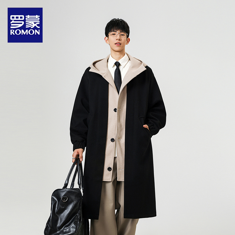 罗蒙连帽拼色休闲时尚潮流休闲宽松男装秋季大衣长款新款高级外套