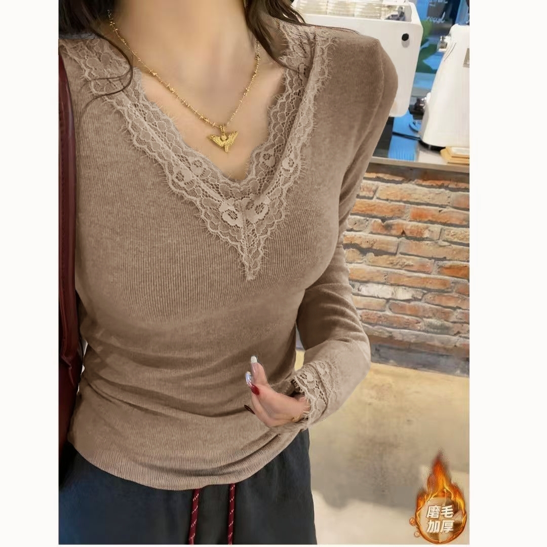 2025秋冬【慕斯双面绒】气质韩版V领蕾丝设计款修身显瘦百搭女