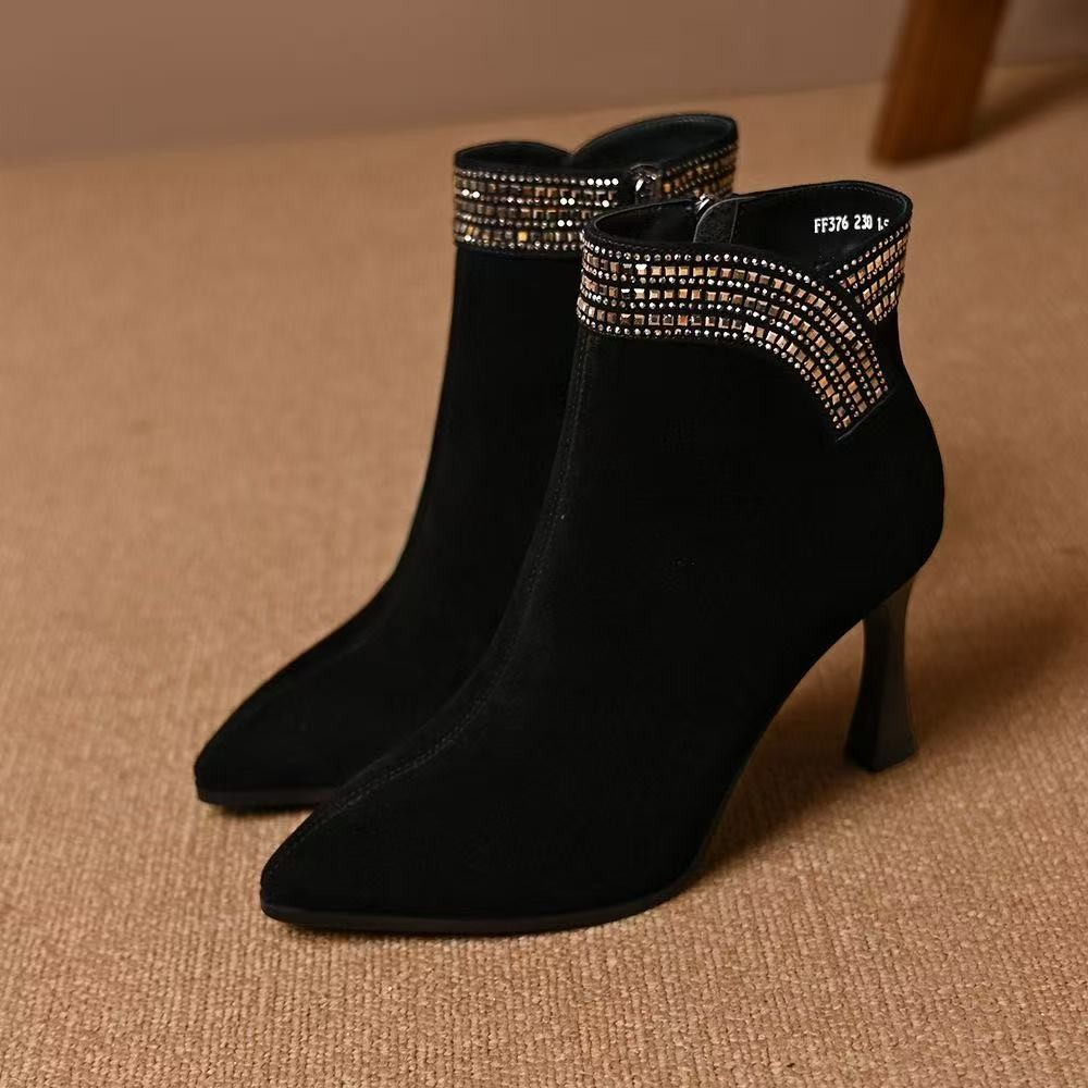欧美风时尚尖头细跟侧拉链瘦瘦靴秋冬季优雅绒面水钻细带短筒靴女
