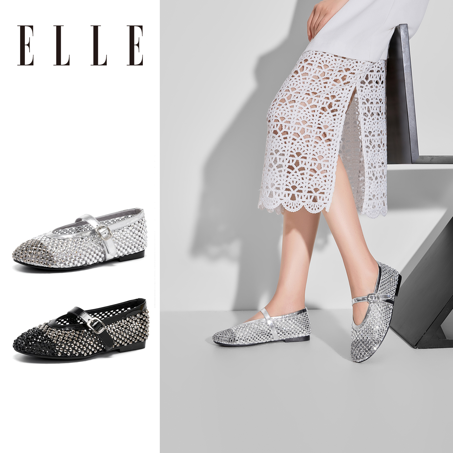 ELLE满钻渔网凉鞋女平底镂空皮带扣玛丽珍单鞋小众设计感芭蕾舞鞋