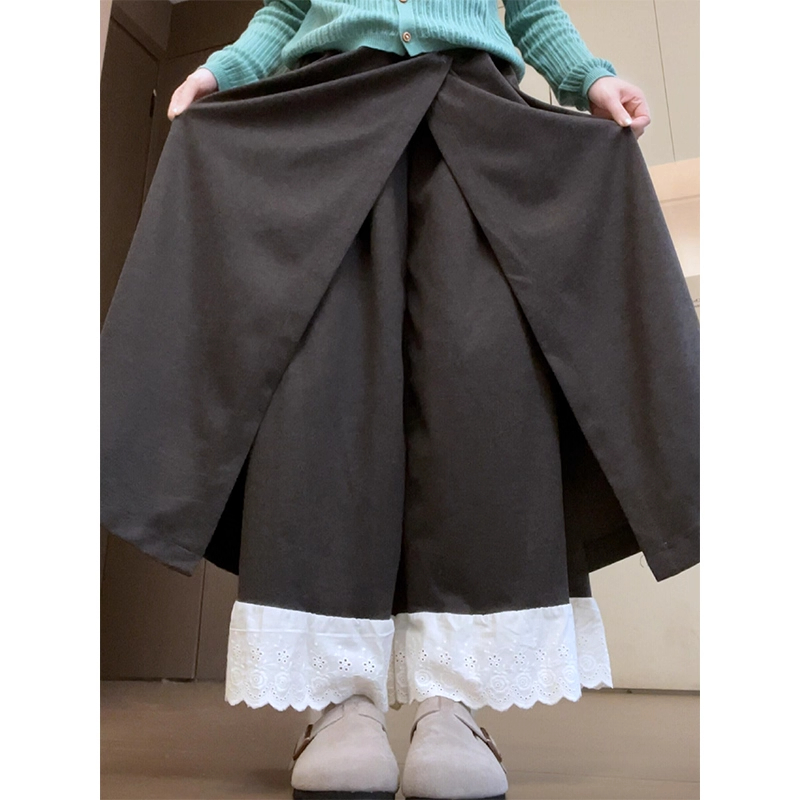 灰色蕾丝拼接裙裤女秋2025新款高腰直筒显瘦宽松花边a字阔腿裤裙