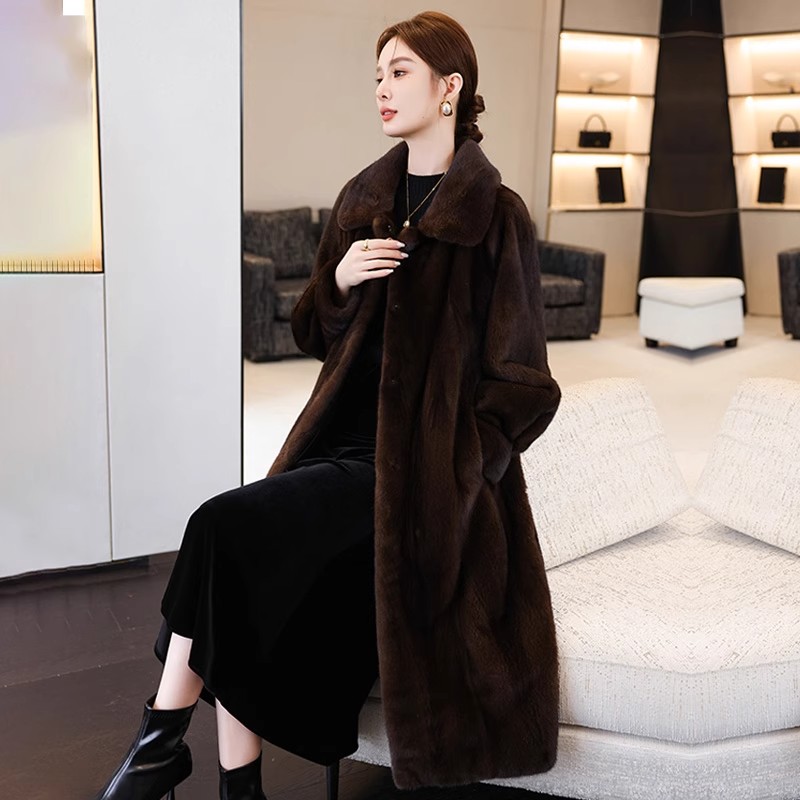 时尚轻奢水貂毛皮草外套冬季新款整貂裘皮天鹅绒貂皮大衣过膝长款