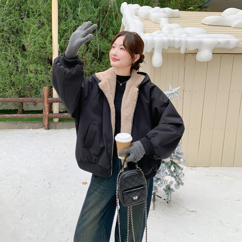 休闲韩版工装风派克服2025冬季新款小众百搭加绒加厚连帽棉服外套