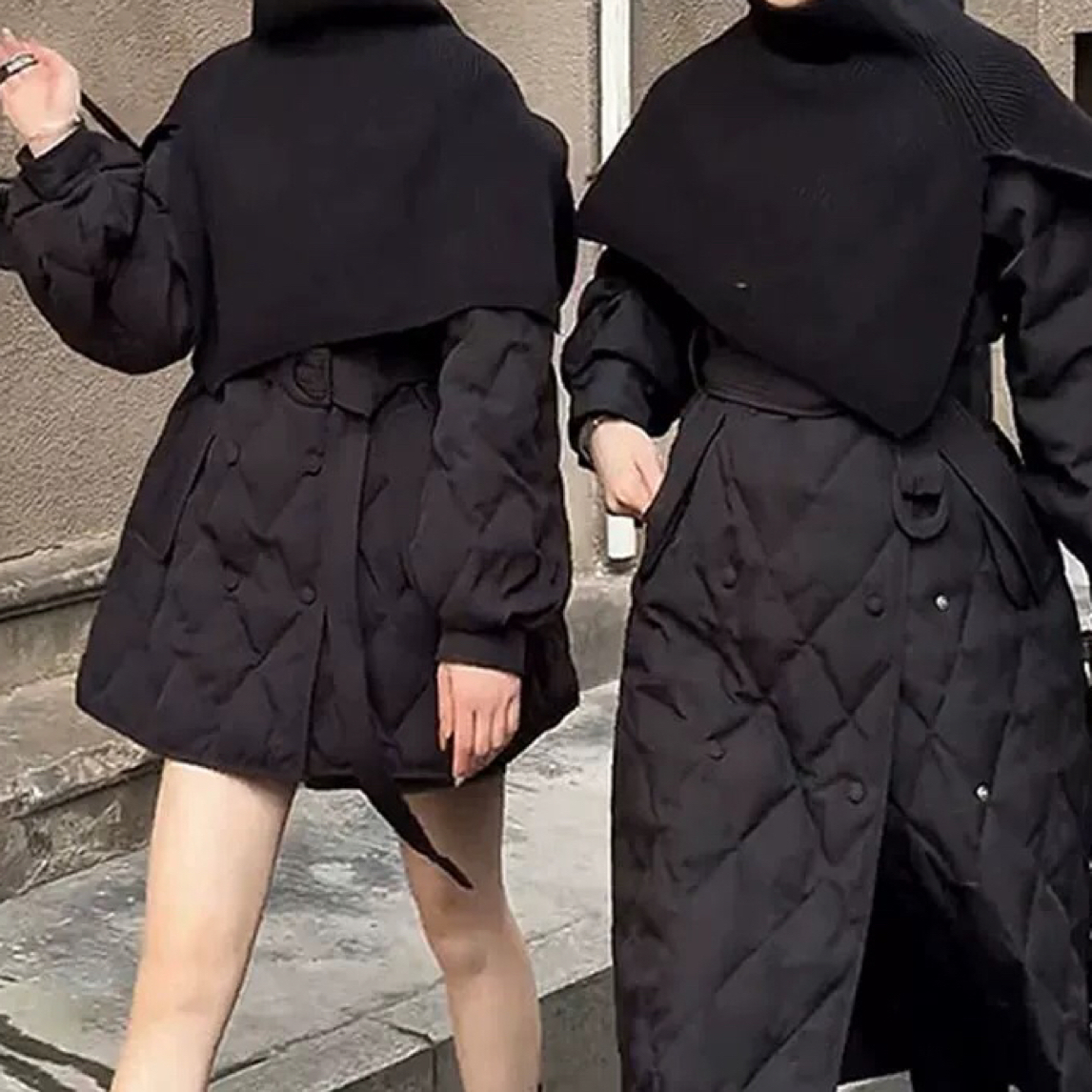 【月姐家】 韩系大码黑色菱格长款大衣2025冬季新款绑带收腰外套