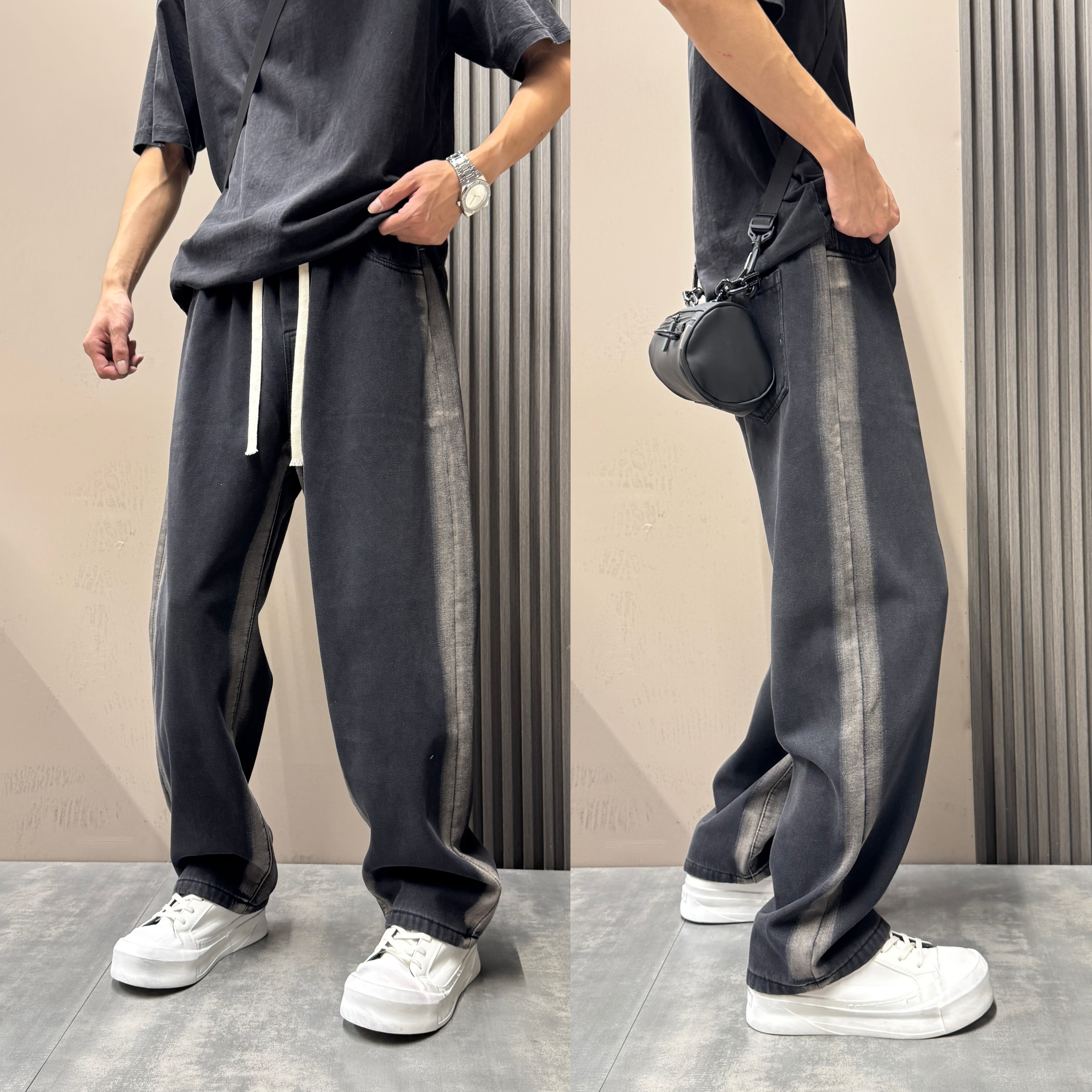 2025秋冬新款男士美式潮流时尚加绒直筒牛仔裤高街宽松牛仔阔腿裤