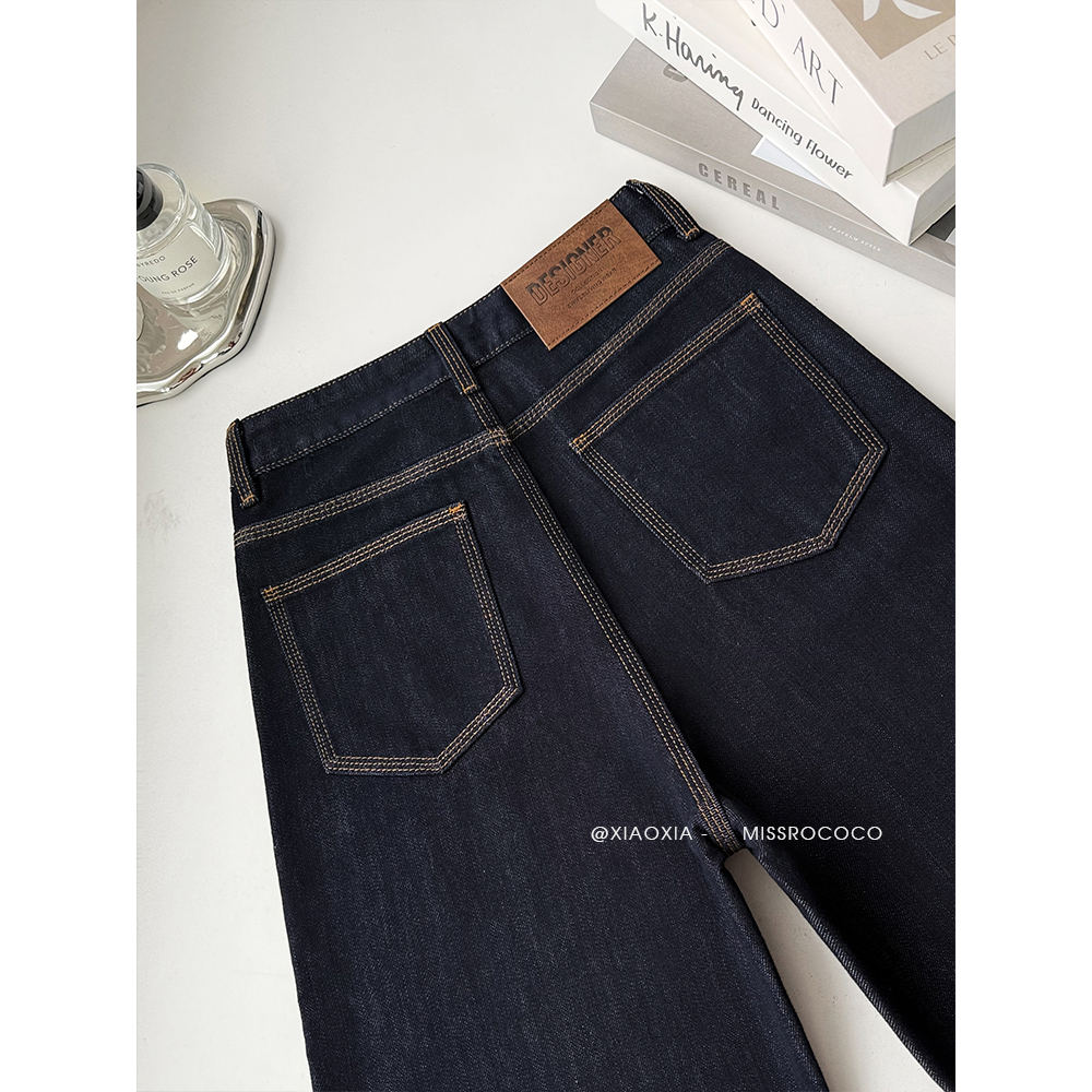 missrococo/洛可可小姐冬季新款加绒加厚三本针窄版直筒牛仔裤女