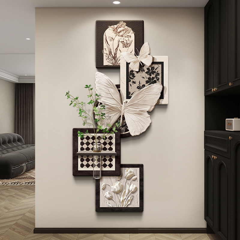 水培绿植中古风玄关装饰画法式复古入户门客厅壁画高级感蝴蝶挂画