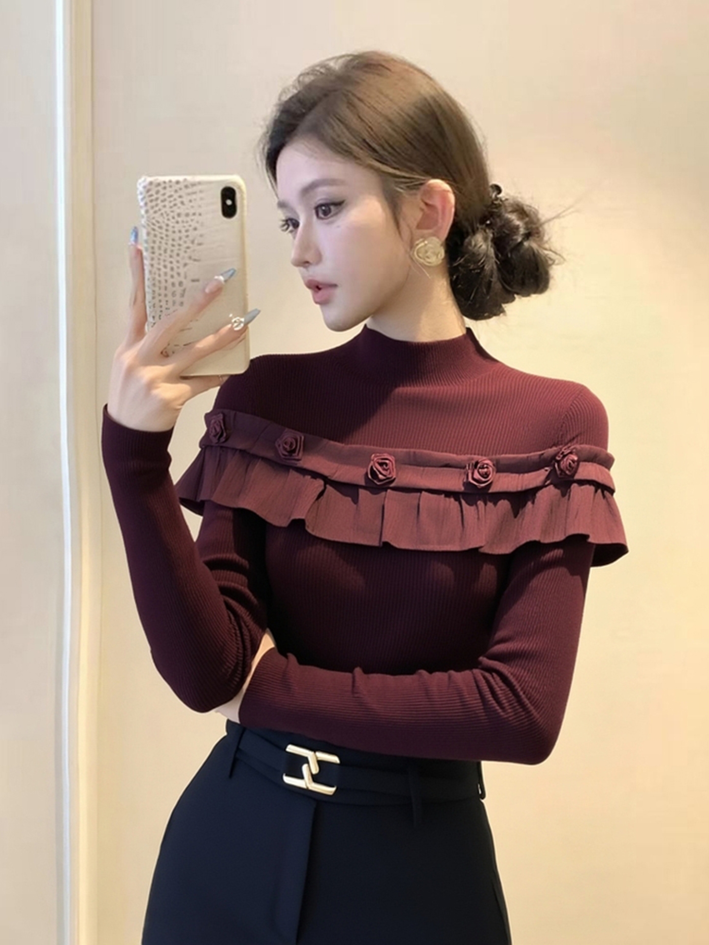 精致可外穿打底衫秋冬季小众设计感时尚气质荷叶边拼接内搭针织衫