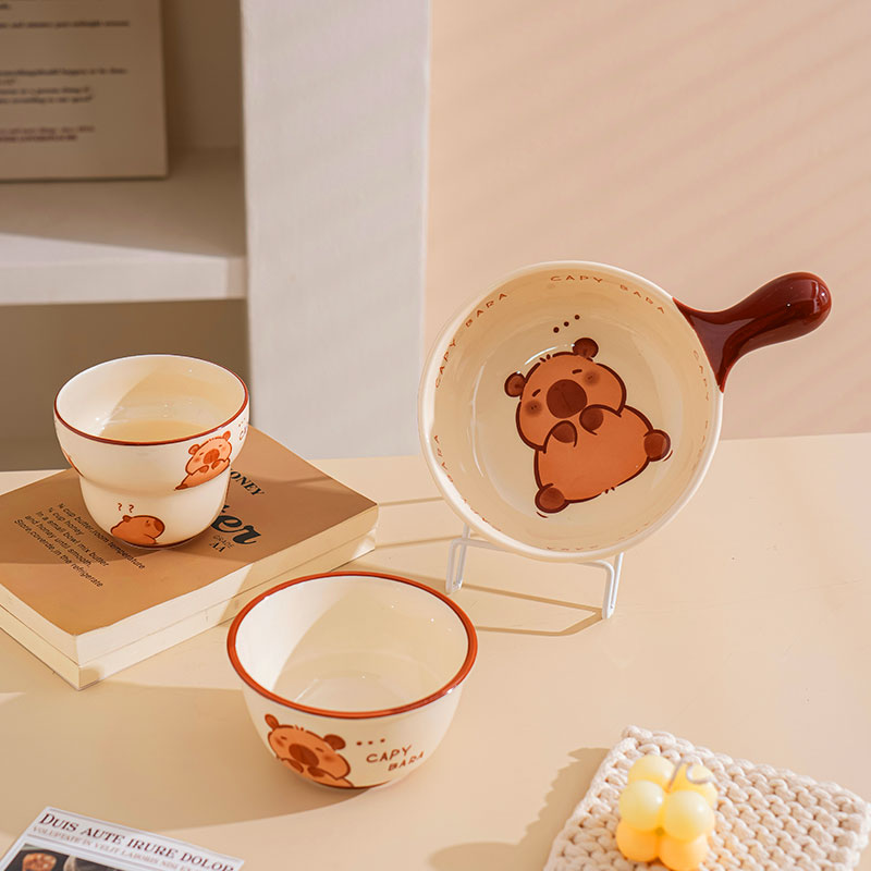 卡皮巴拉卡通可爱碗个人专用三件套网红餐具泡面碗陶瓷碗家用饭碗