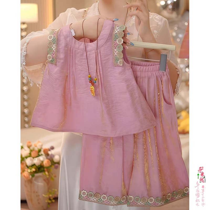 女童中式套装夏季2025新款儿童国风夏装女孩短袖阔腿女童国风阔腿