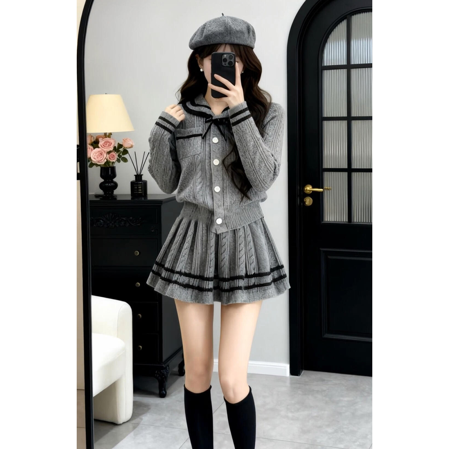 2026新款韩系针织连衣裙子女秋冬学院风海军领针织衫高腰半裙套装